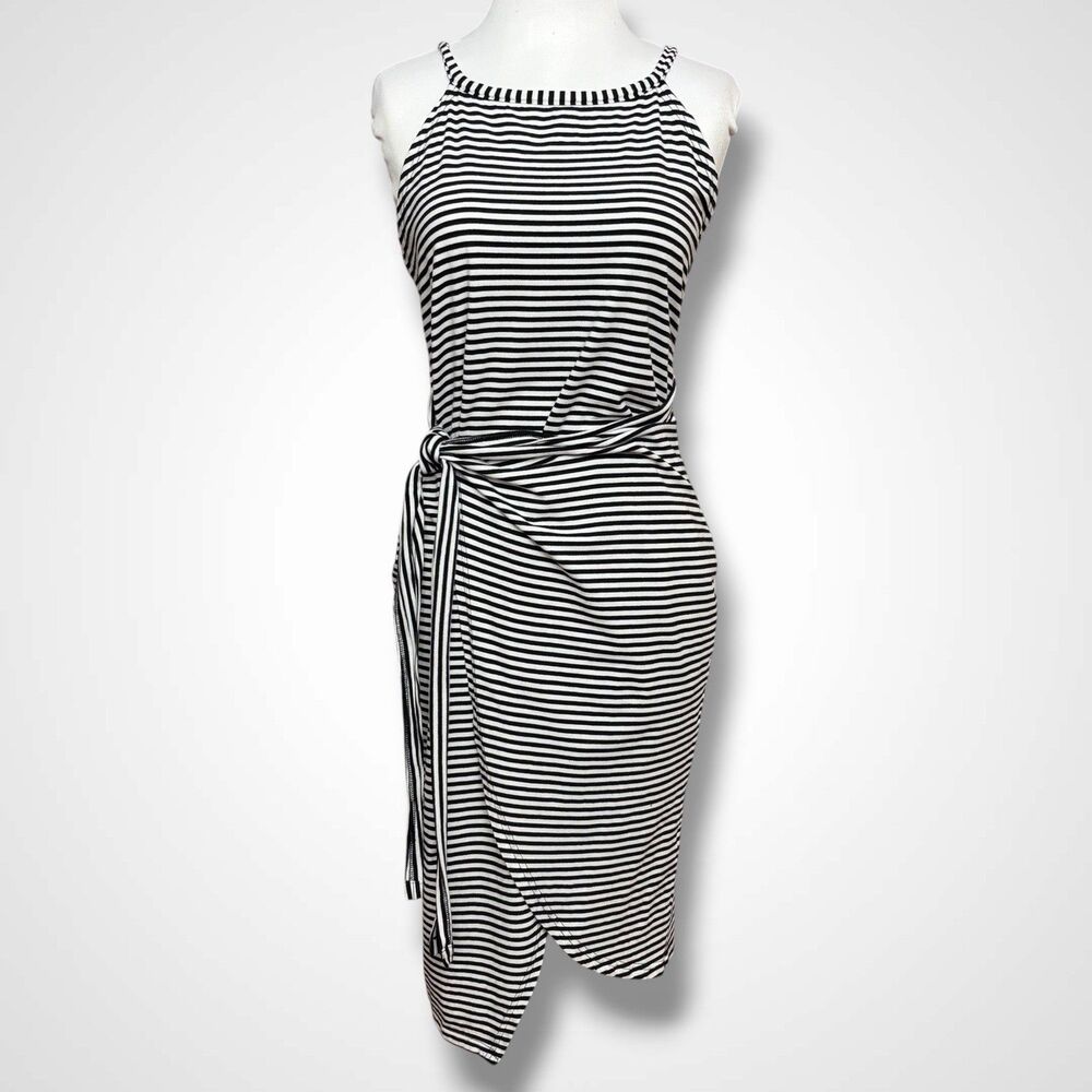 Fashion Black White Stripe Wrap Dress Size L Cotton Sleeveless Asymmetric